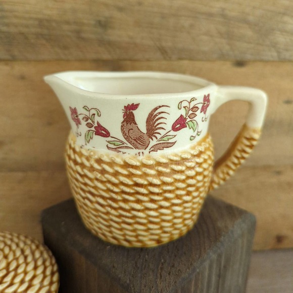 Vtg Tilso Rooster Creamer and Sugar with Lid Set / Braided Rope / Made in Japan - Picture 3 of 10